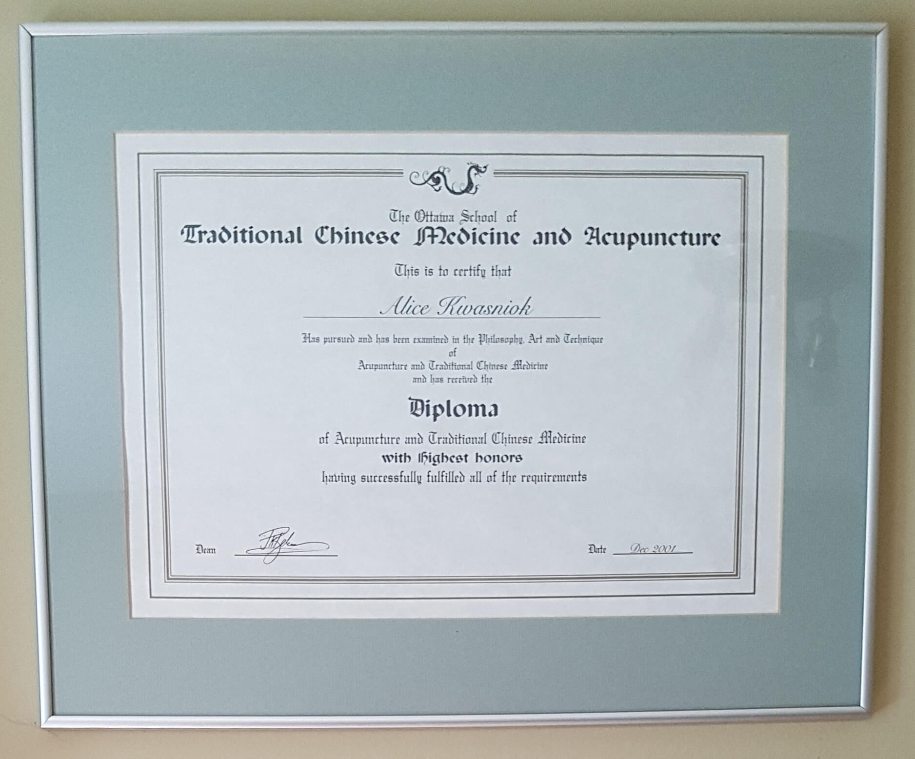 Alice Kwasniok Acupuncture Diploma at Harmony Acupuncture Kanata Clinic